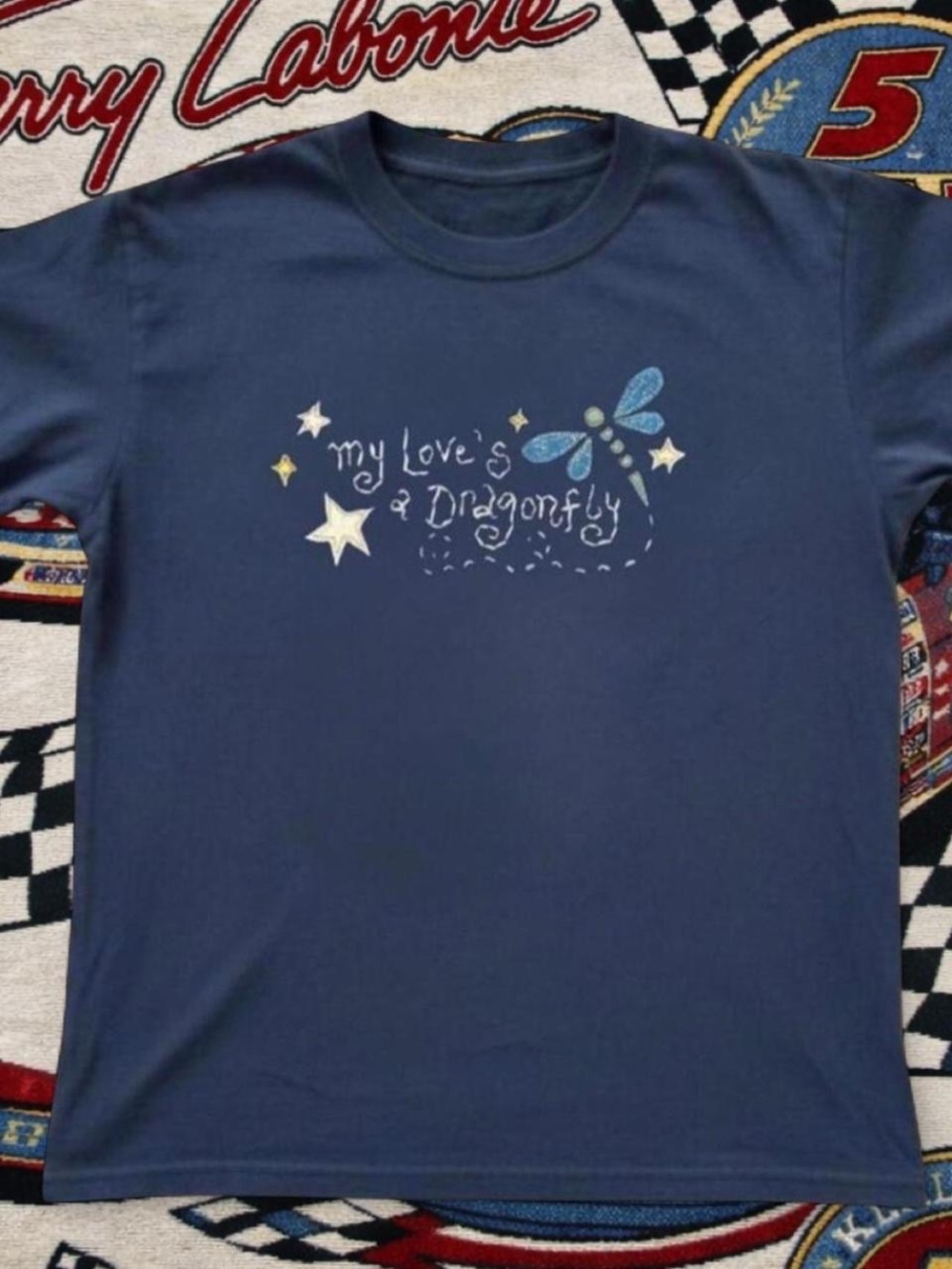 Gildan Navy Short Sleeve Tee with Dragonfly Graphic
